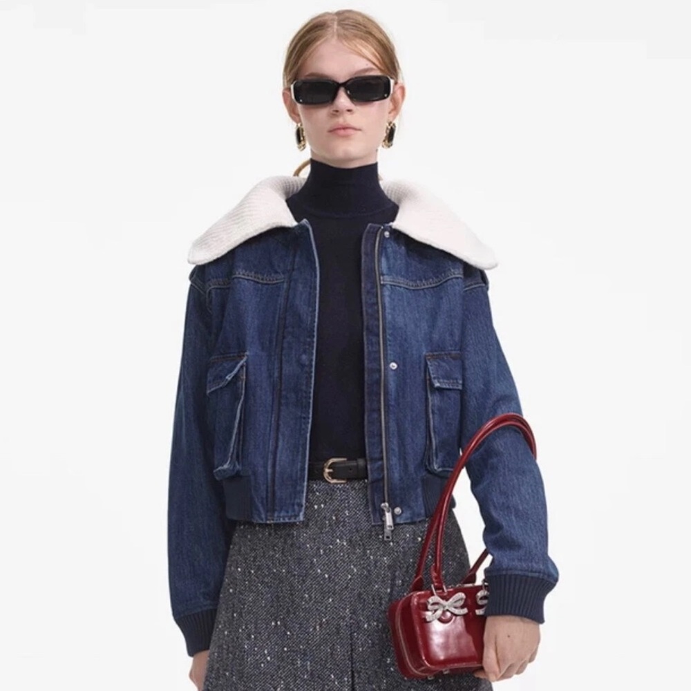 Self-Portrait preppy Knitted large lapel Cropped denim jacket Coats